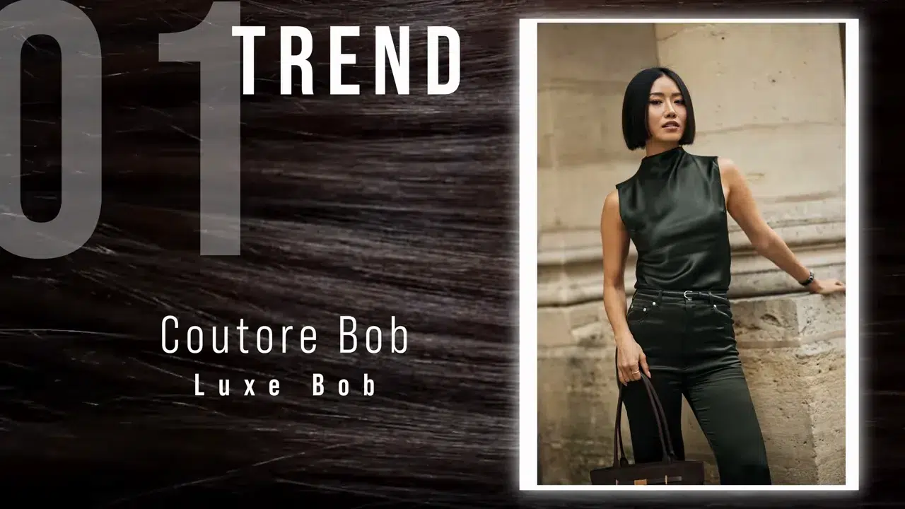 Hair Queens & Kings: Modell mit Couture‑Bob in schwarzer Kleidung, kinnlanger Luxe‑Bob vor Steinmauer Modell mit Couture‑Bob in schwarzer Kleidung, kinnlanger Luxe‑Bob vor Steinmauer