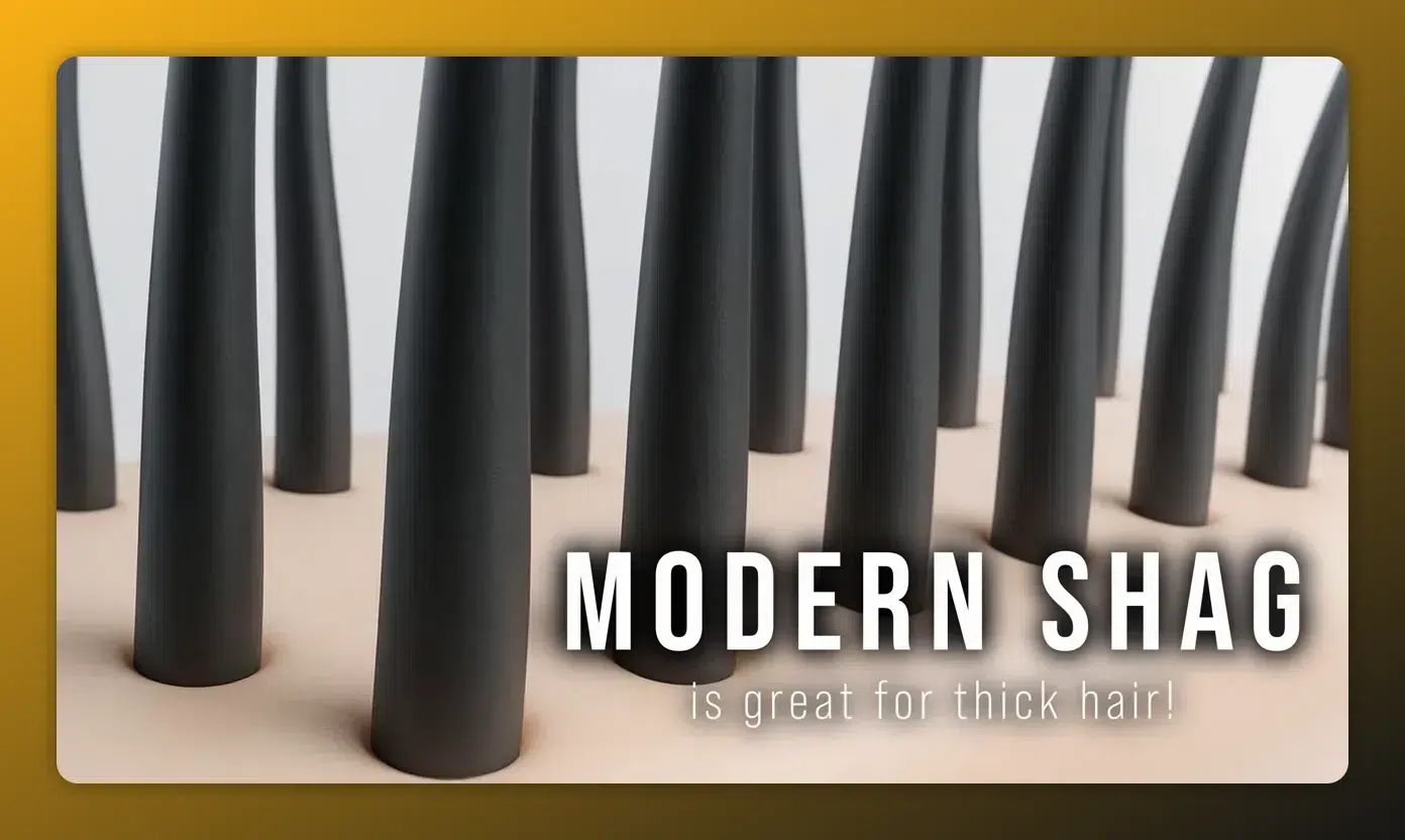 Hair Queens & Kings: 3D‑Haarmodell mit eingeblendetem Text 'Modern Shag is great for thick hair!' 3D‑Haarmodell mit eingeblendetem Text 'Modern Shag is great for thick hair!'