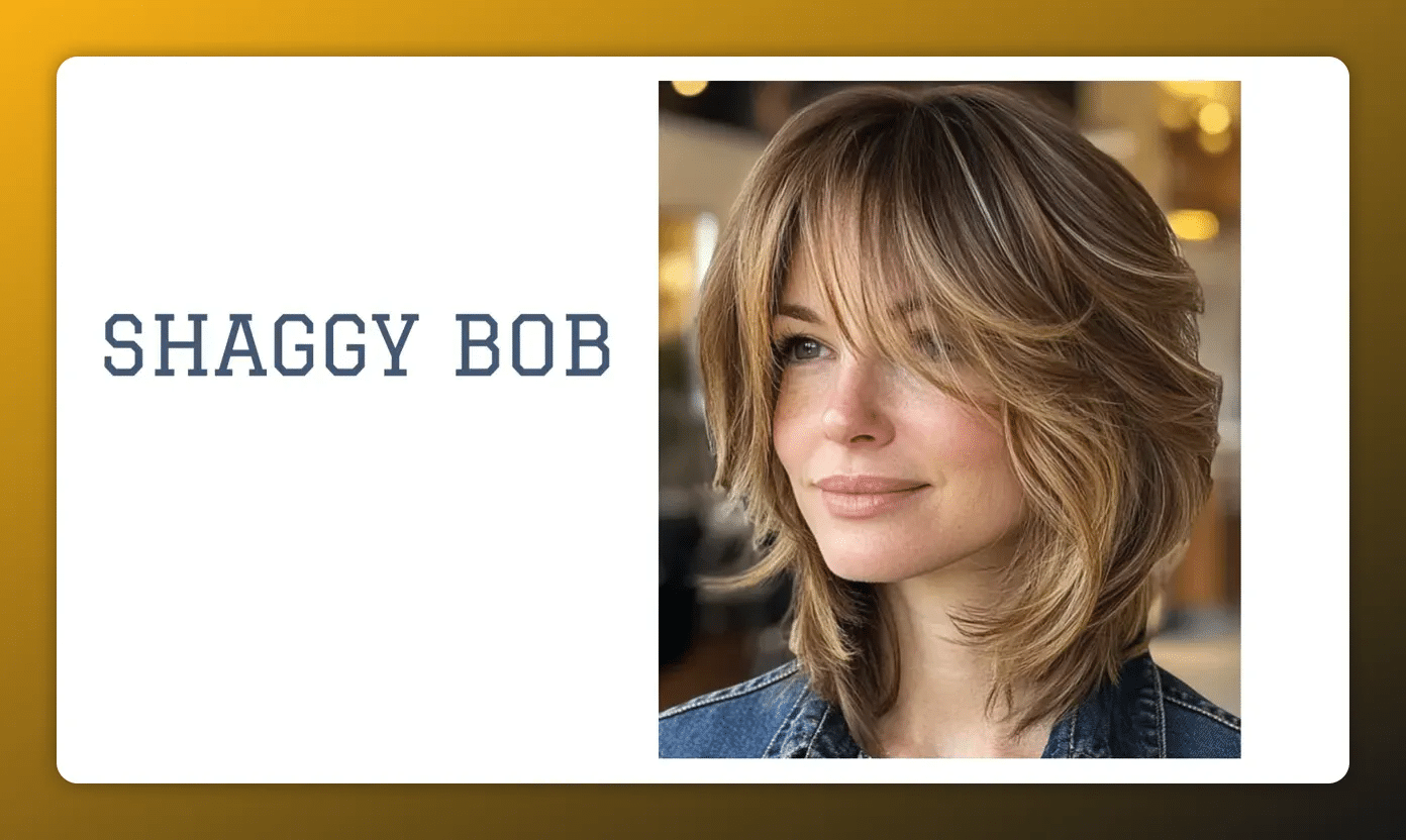 Shaggy Bob Frisurbeispiel mit weichen Stufen und Pony